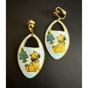 Vintage Enamel Cat Earrings Clip Ons Flower Drop Dangle Gold Tone